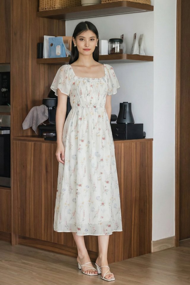 Soft Petals Ruched Midi Dress In White