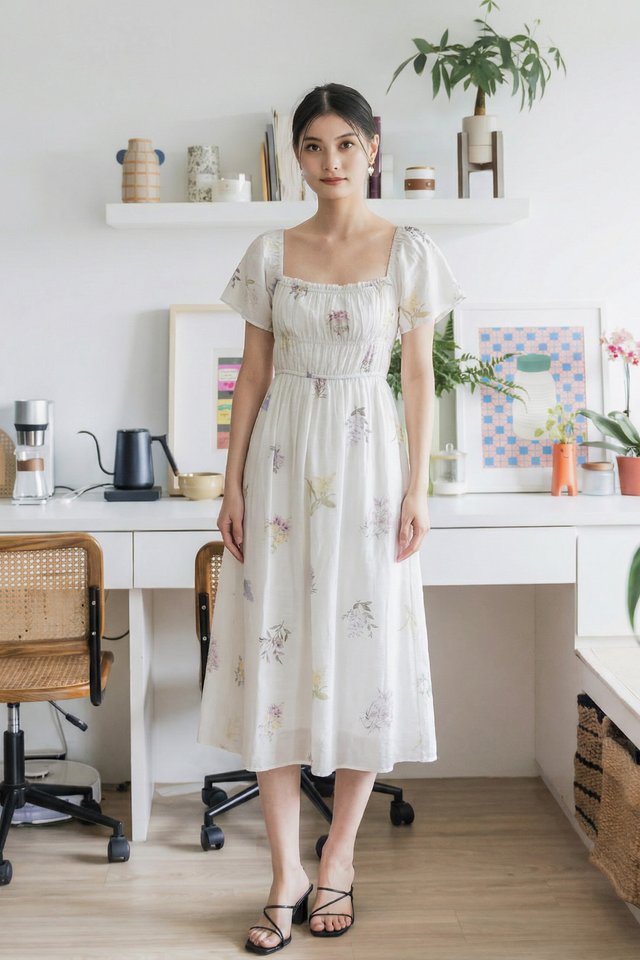 Soft Petals Ruched Midi Dress In Floral