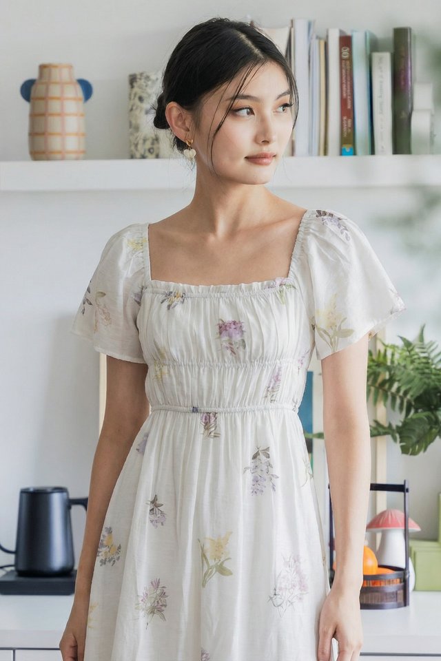 Soft Petals Ruched Midi Dress In Floral