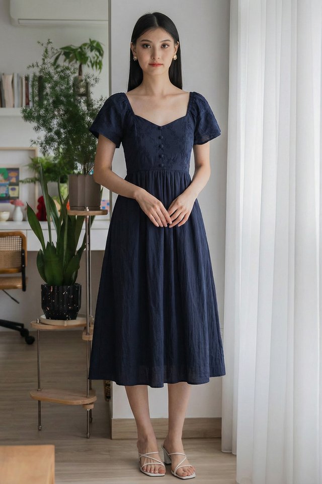 Maribel Embroidery Buttons Midi Dress In Navy