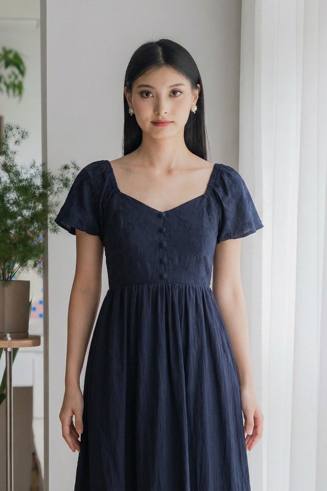 Maribel Embroidery Buttons Midi Dress In Navy