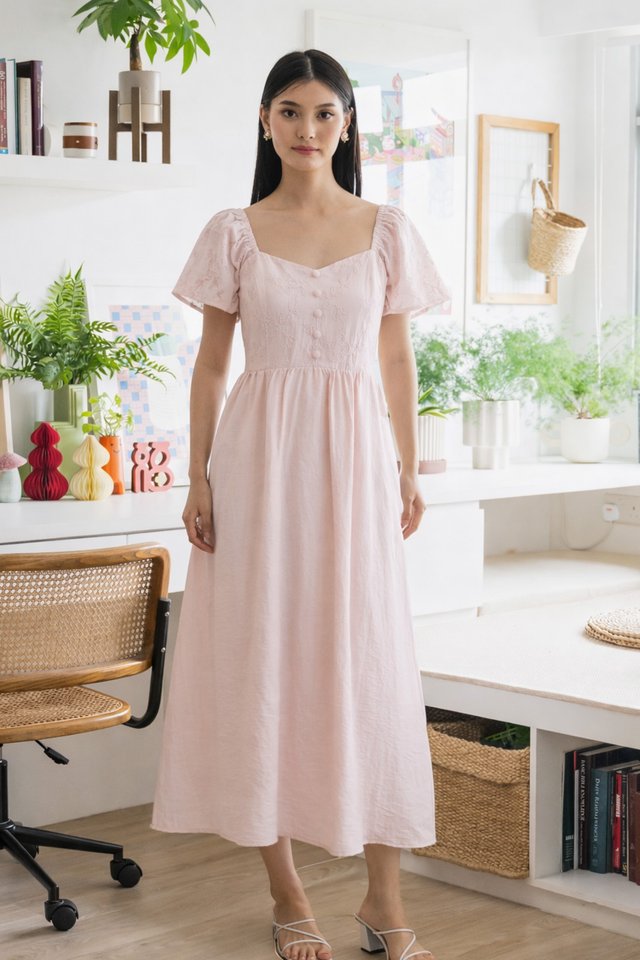 Maribel Embroidery Buttons Midi Dress In Light Pink