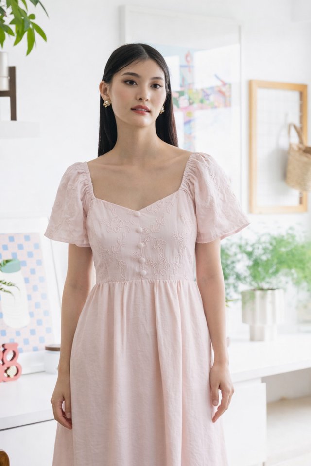 Maribel Embroidery Buttons Midi Dress In Light Pink