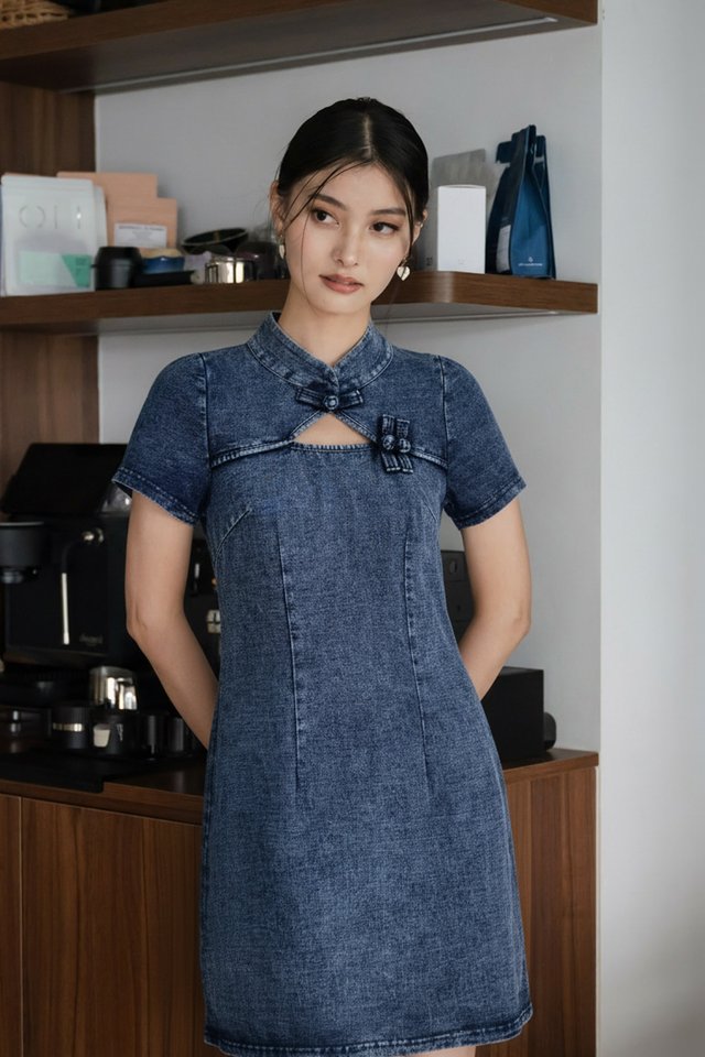 Quincy Denim Sleeved Qipao Dress in Dark Wash