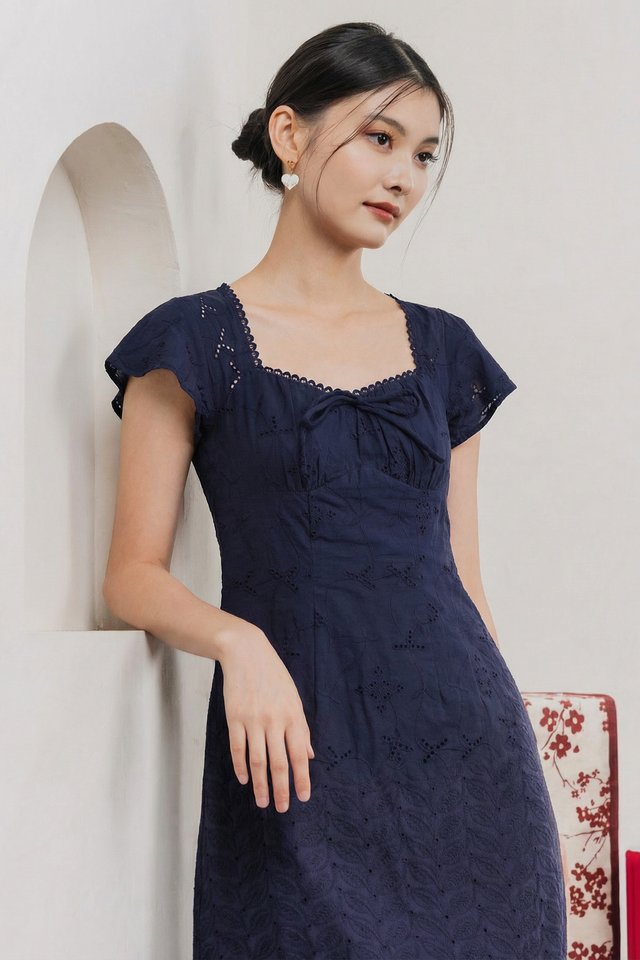 Amara Eyelet Ruched Midi Dress In Navy