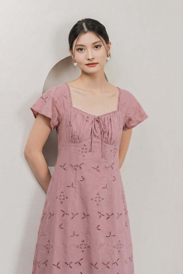 Amara Eyelet Ruched Midi Dress In Rose