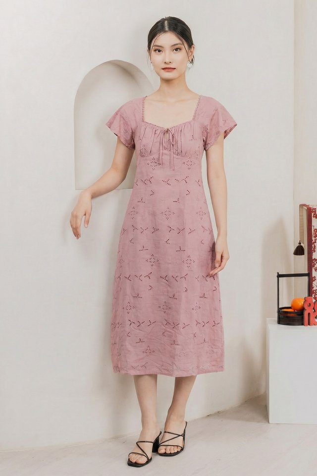 Amara Eyelet Ruched Midi Dress In Rose