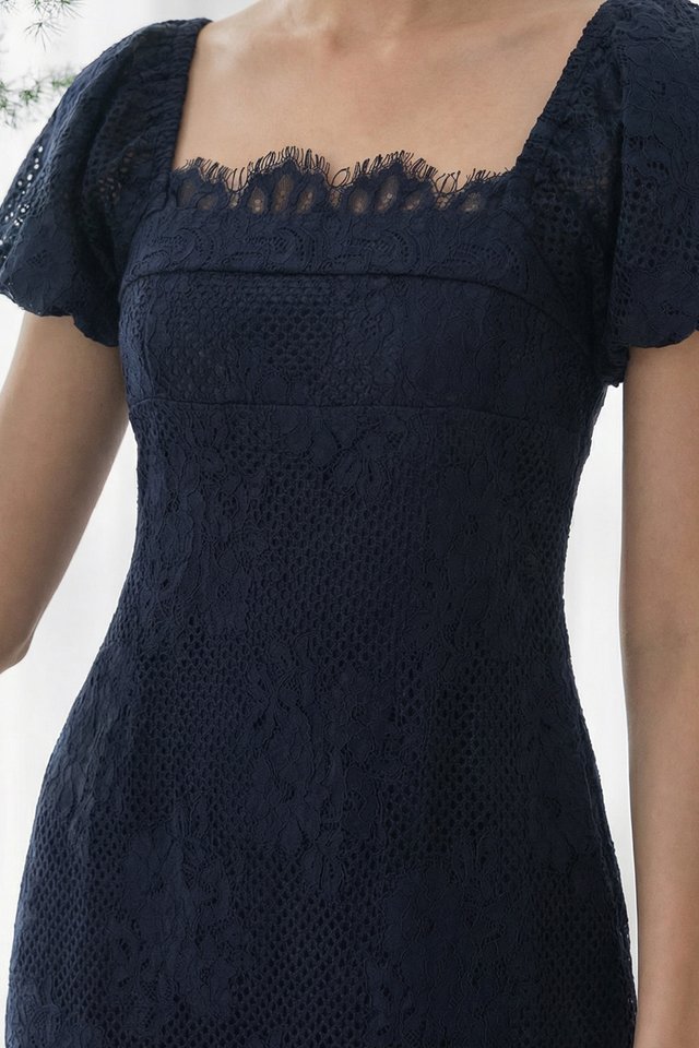 Qian Lace Puff Sleeves Dress In Navy