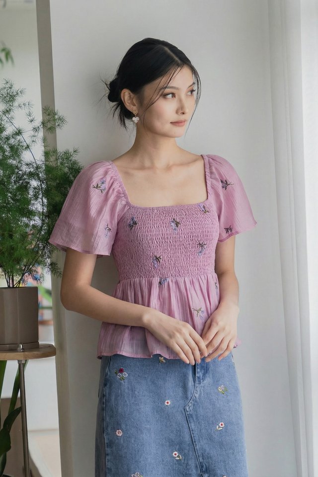 Cyra Floral Textured Smocked Top In Pink