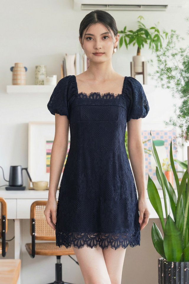 Qian Lace Puff Sleeves Dress In Navy