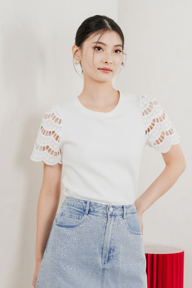 Aldith Cotton Eyelet Sleeve Top In White