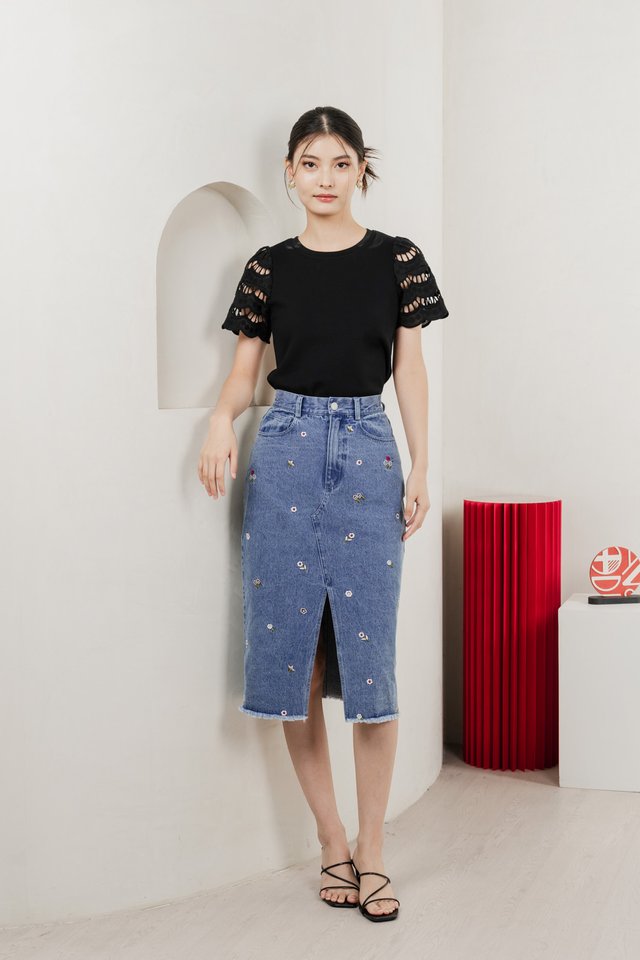 Aldith Cotton Eyelet Sleeve Top In Black