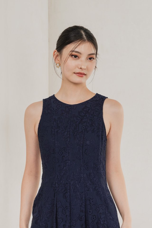 Fortress Lace Panelled Midi Dress In Navy