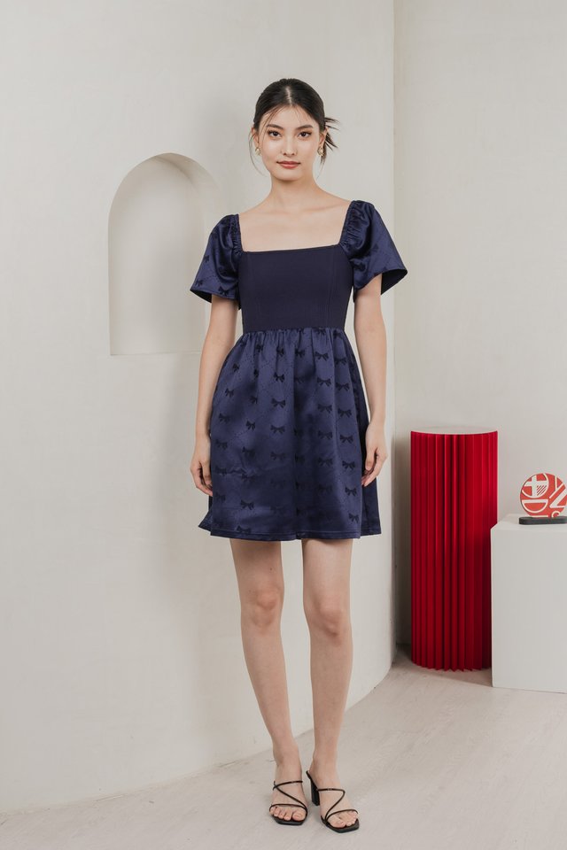 Marcelle Mixed Fabric Ribbon Texture Dress In Navy