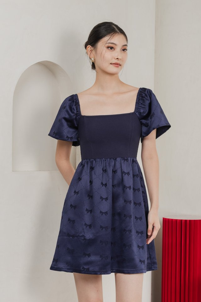 Marcelle Mixed Fabric Ribbon Texture Dress In Navy