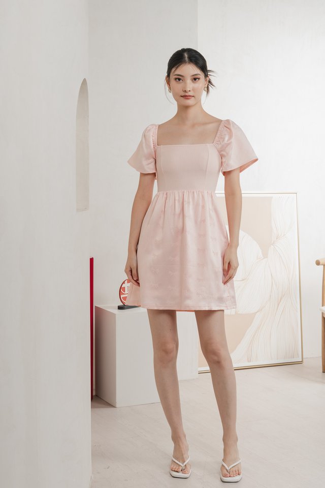 Marcelle Mixed Fabric Ribbon Texture Dress In Blush Pink