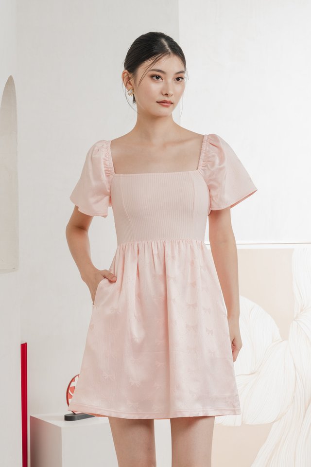 Marcelle Mixed Fabric Ribbon Texture Dress In Blush Pink