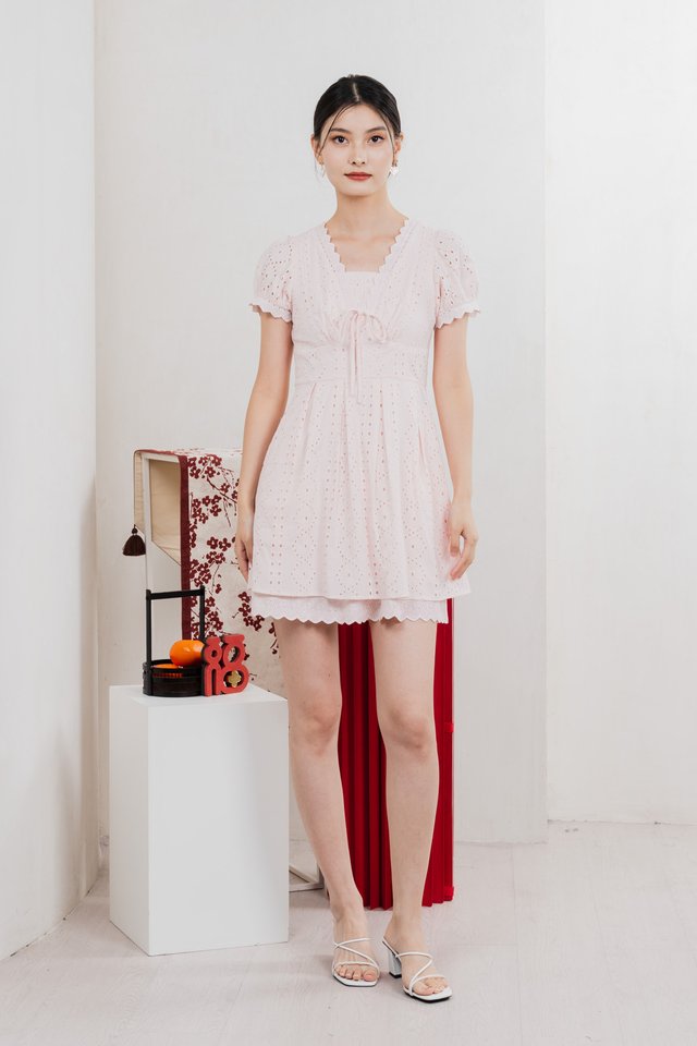 Rosewood Eyelet Ribbon Pleated Dress In Baby Pink