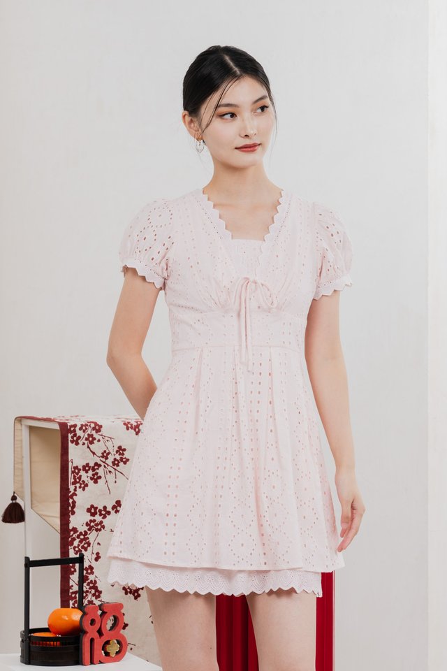 Rosewood Eyelet Ribbon Pleated Dress In Baby Pink