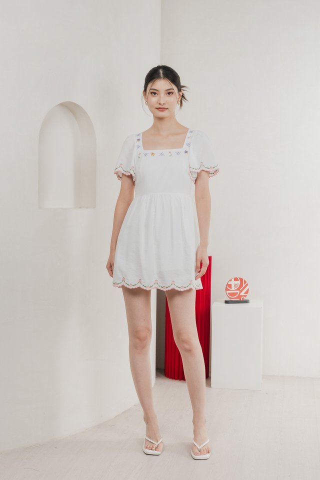 Pure Bliss Cross Stitch Embroidery Dress Romper In White