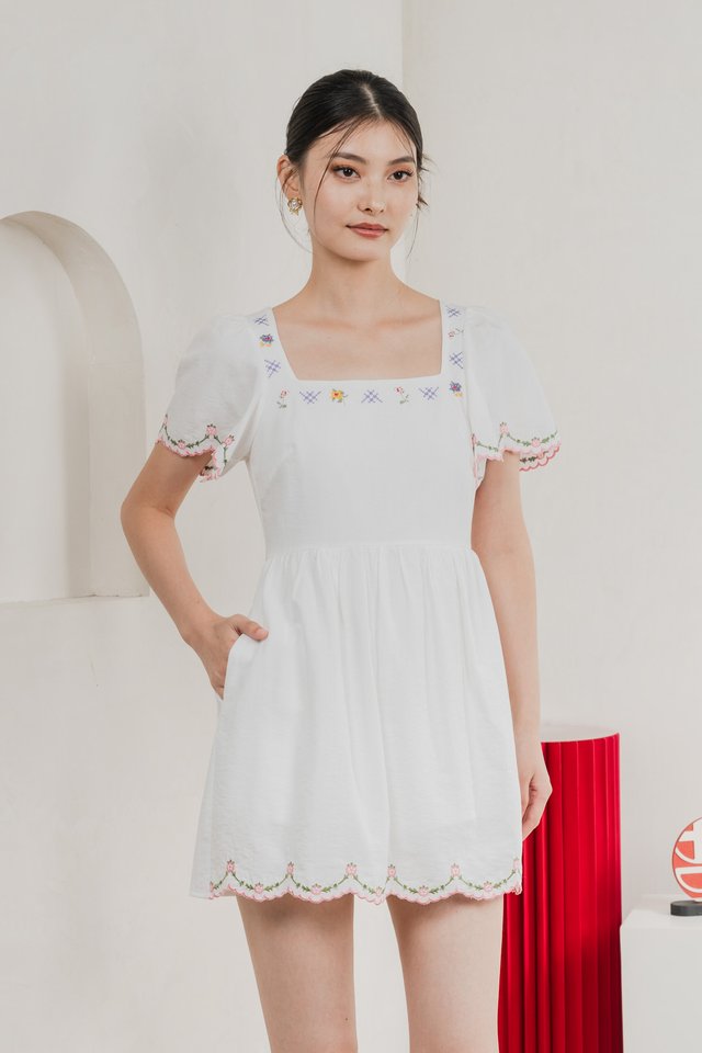 Pure Bliss Cross Stitch Embroidery Dress Romper In White