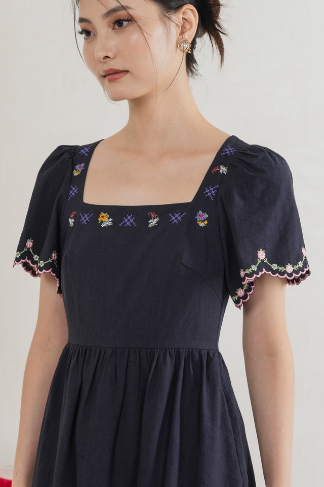 Pure Bliss Cross Stitch Embroidery Dress Romper In Navy