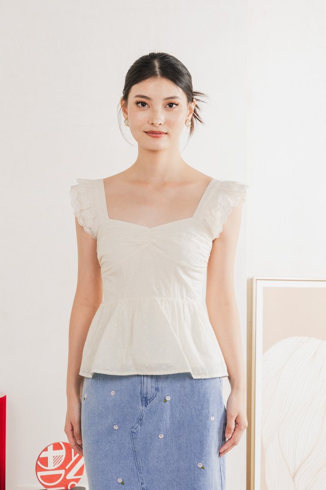 Like A Dream Eyelet Ruffles Top In Cream