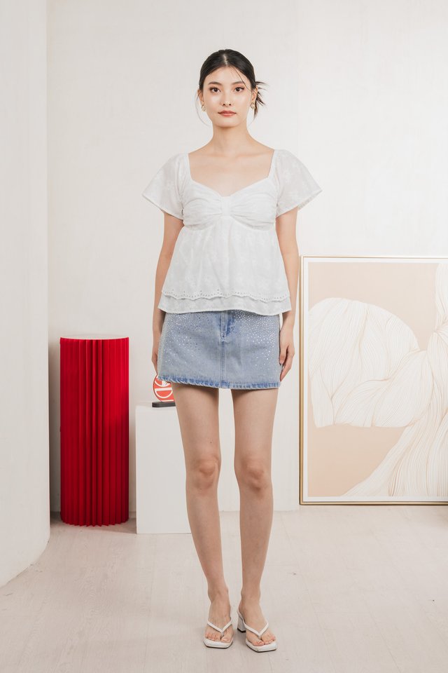 Paola Eyelet Bow Babydoll Top In White