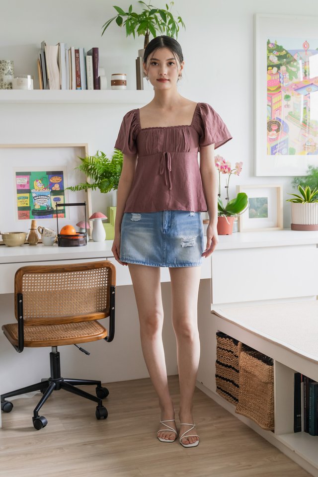 Poselle Textured Ribbon Ruched Top In Mauve