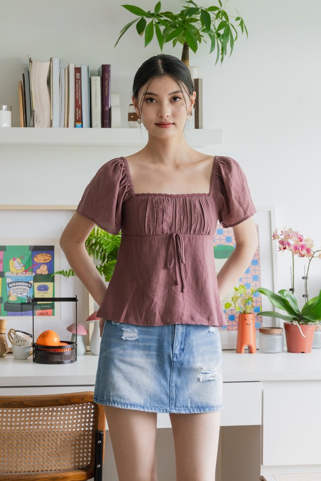 Poselle Textured Ribbon Ruched Top In Mauve