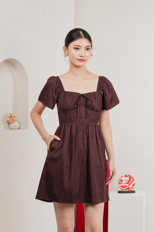 Obsidia Tencel Ruched Ribbon Dress In Burgundy