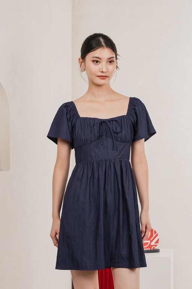 Obsidia Tencel Ruched Ribbon Dress In Navy