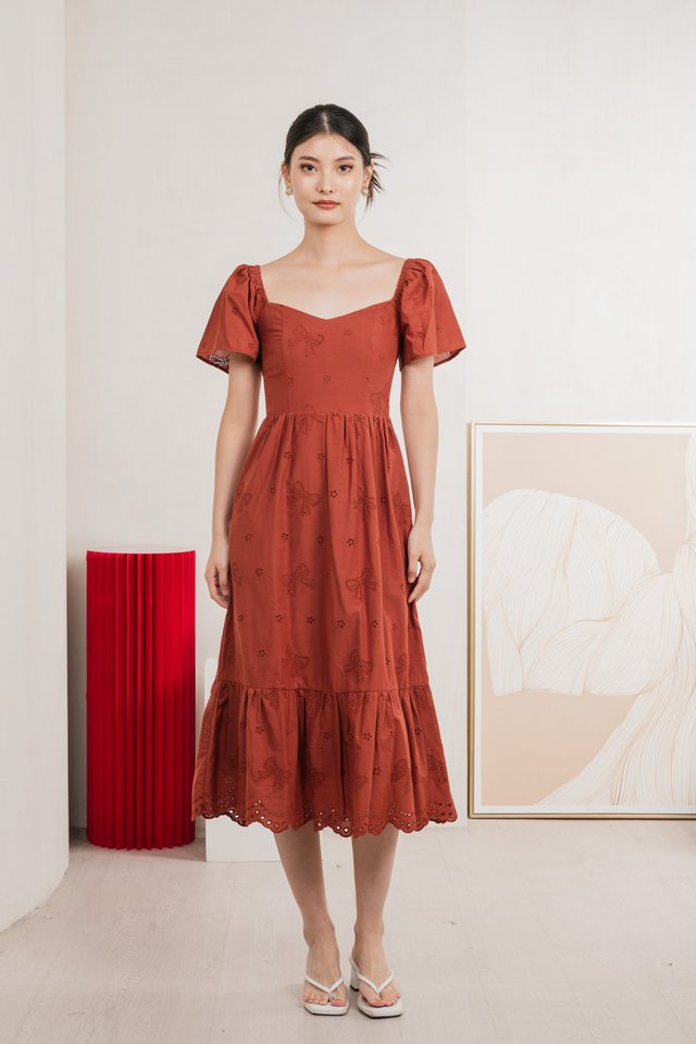 Brinia Ribbon Eyelet Sweetheart Midi Dress In Rust