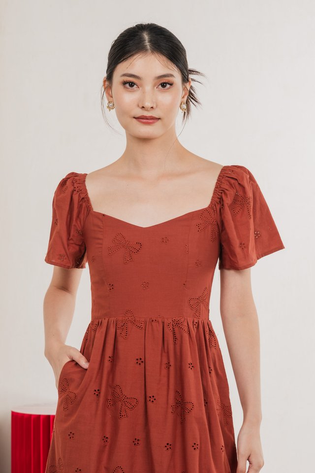 Brinia Ribbon Eyelet Sweetheart Midi Dress In Rust