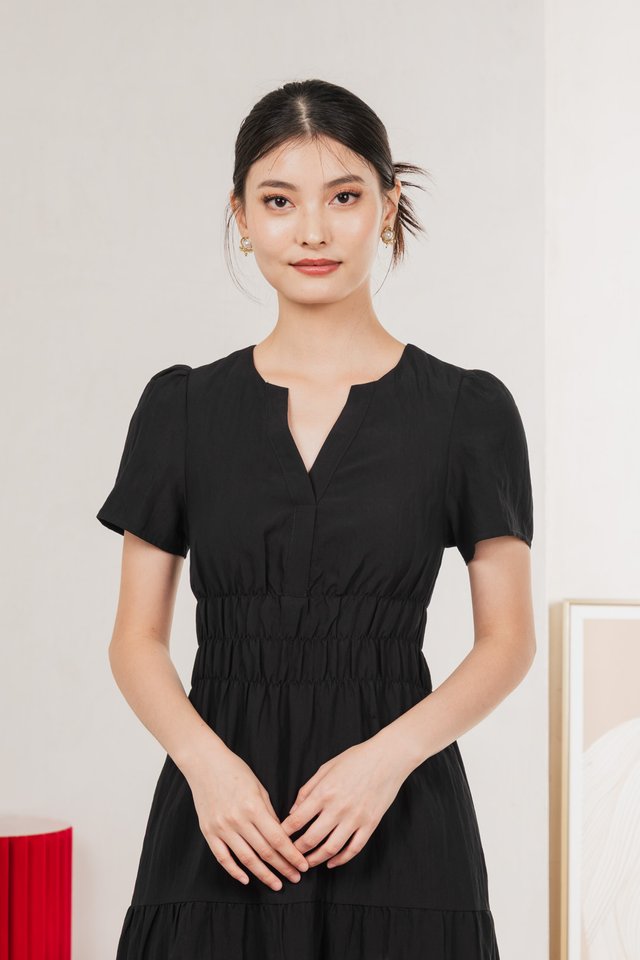 Cordelia V Neck Tiered Midi Dress In Black