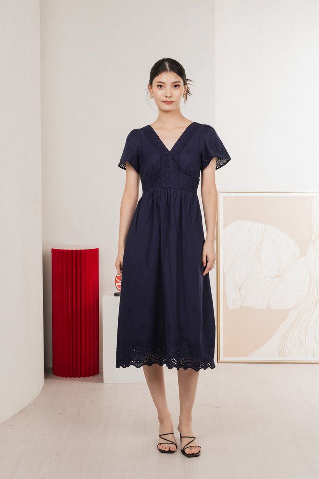 Drisella Eyelet Midi Dress In Navy