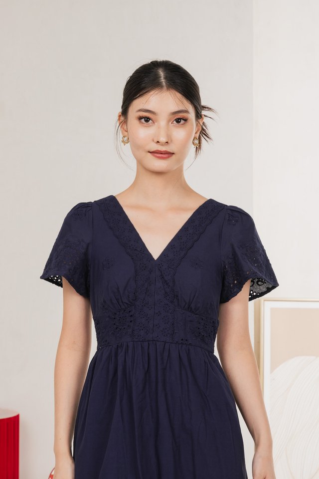 Drisella Eyelet Midi Dress In Navy