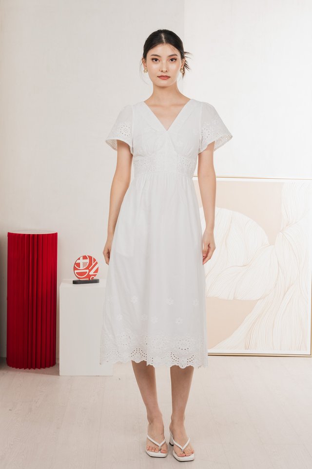 Drisella Eyelet Midi Dress In White