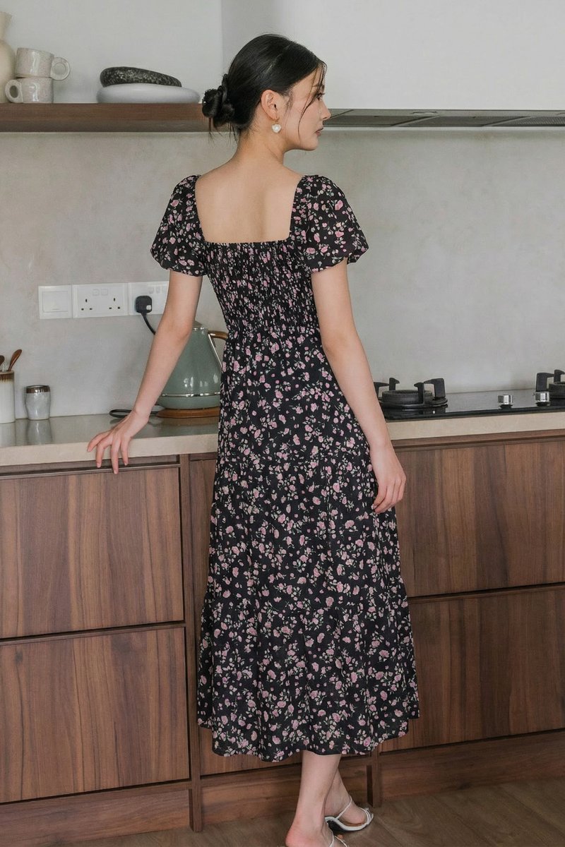Florette Fleur Smocked Midi Dress In Black