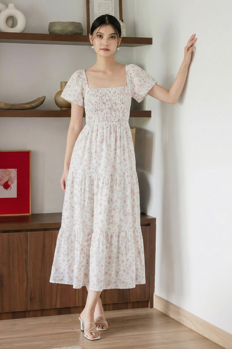Florette Fleur Smocked Midi Dress In White