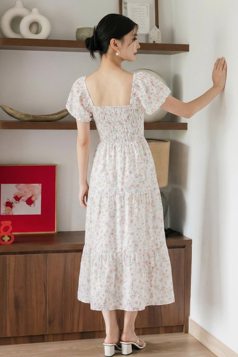 Florette Fleur Smocked Midi Dress In White