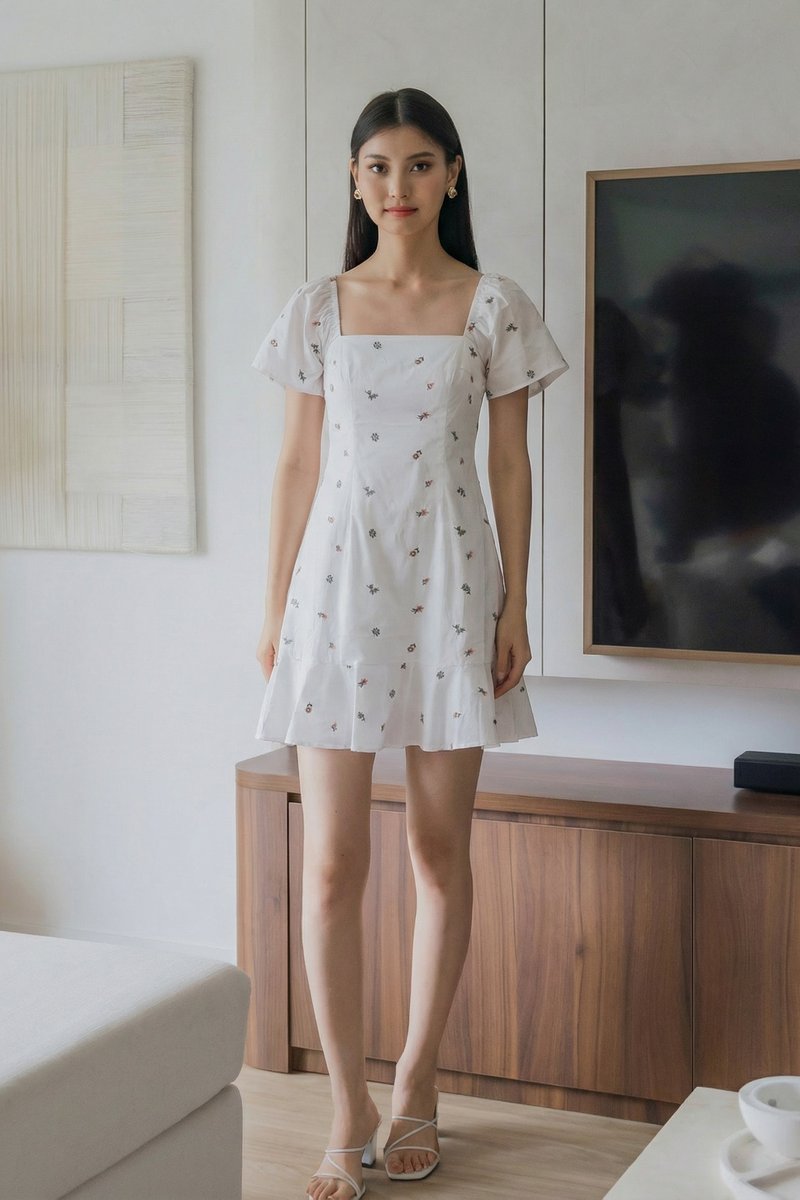 Sapphire Embroidery Dropwaist Dress In White