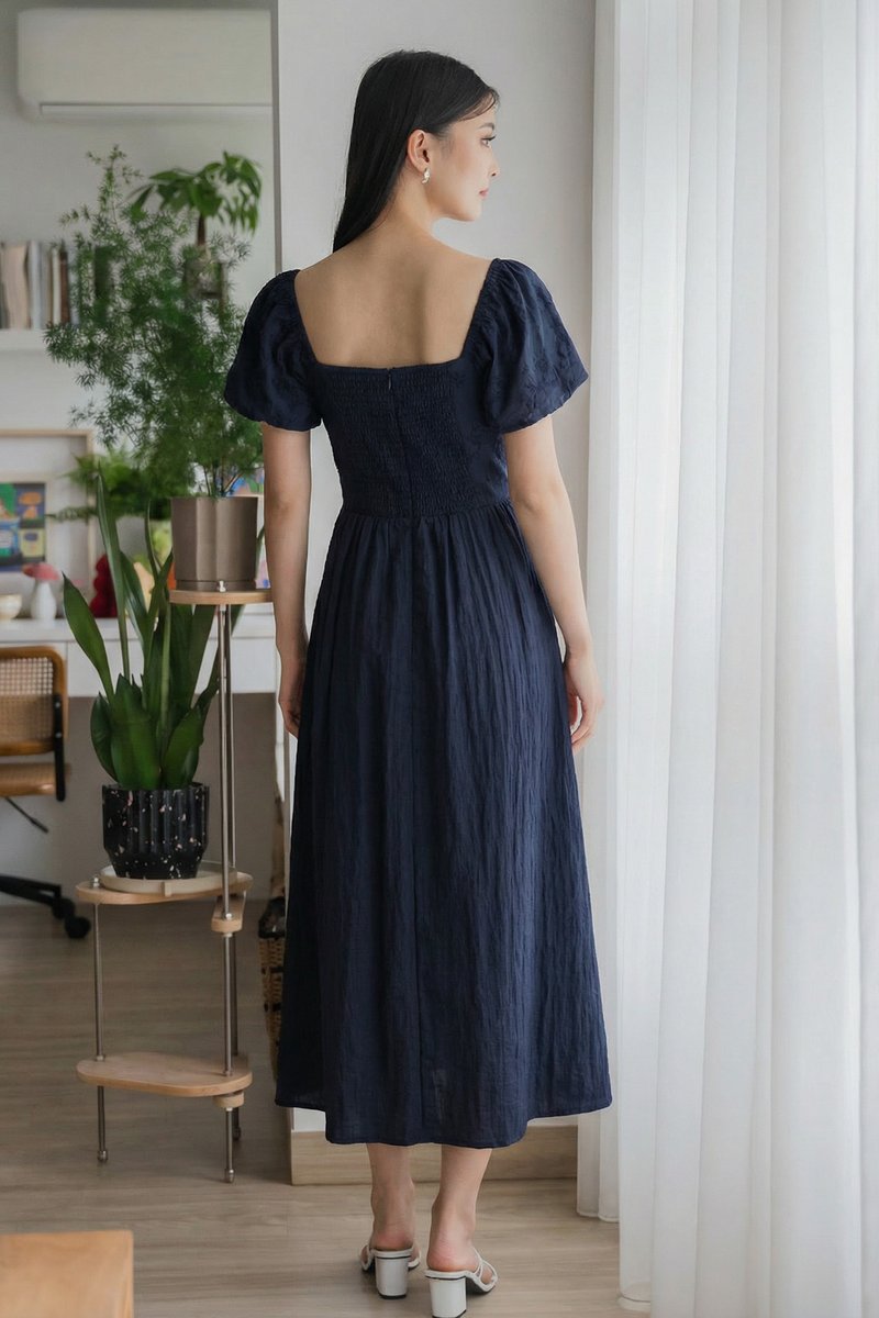 Maribel Embroidery Buttons Midi Dress In Navy