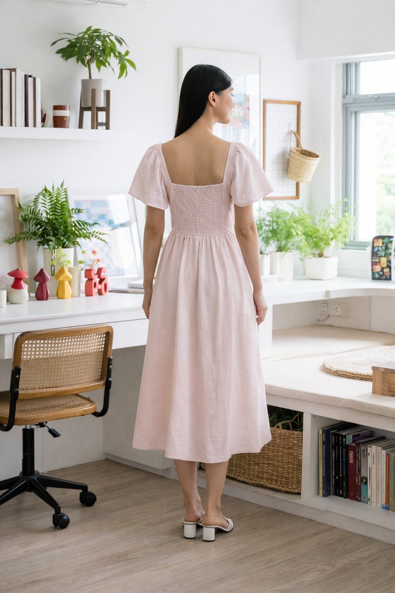 Maribel Embroidery Buttons Midi Dress In Light Pink
