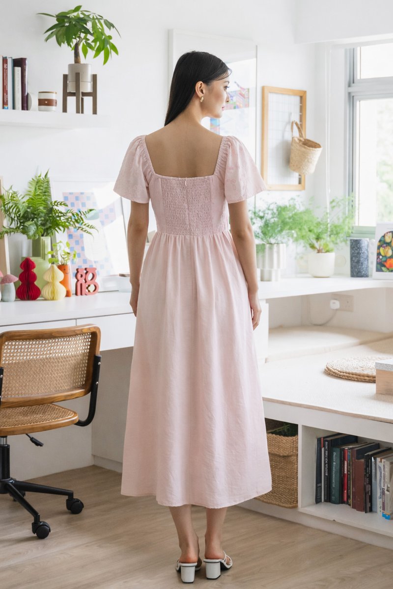 Maribel Embroidery Buttons Midi Dress In Light Pink