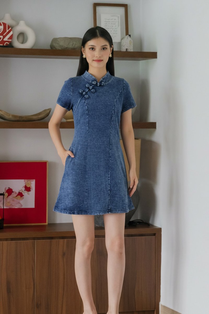 Casell Denim Sleeved Cheongsam Dress