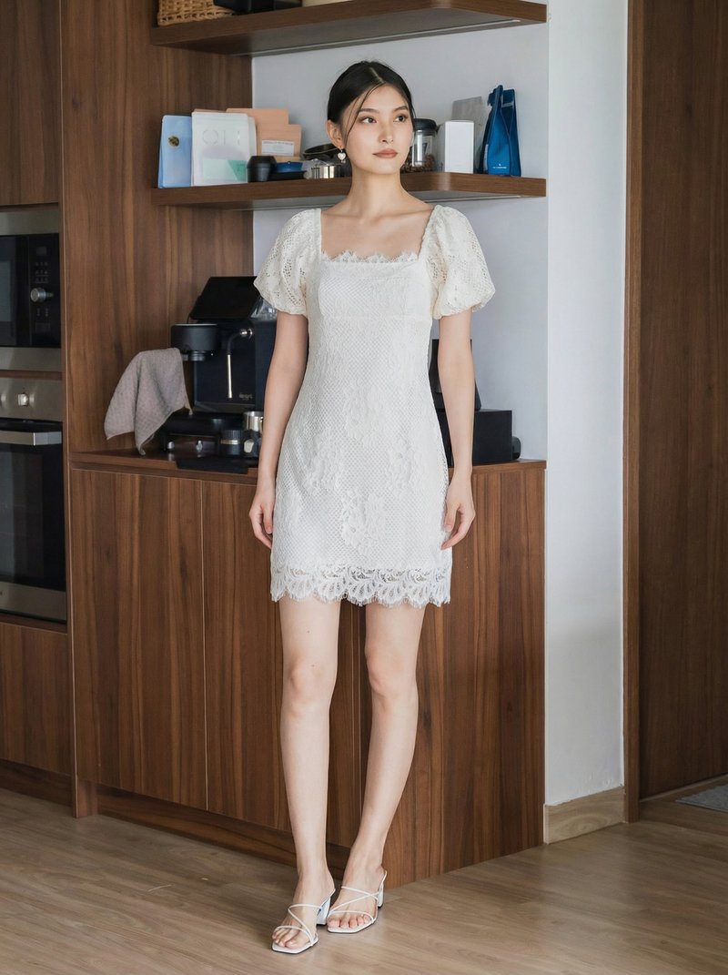 Qian Lace Puff Sleeves Dress In White
