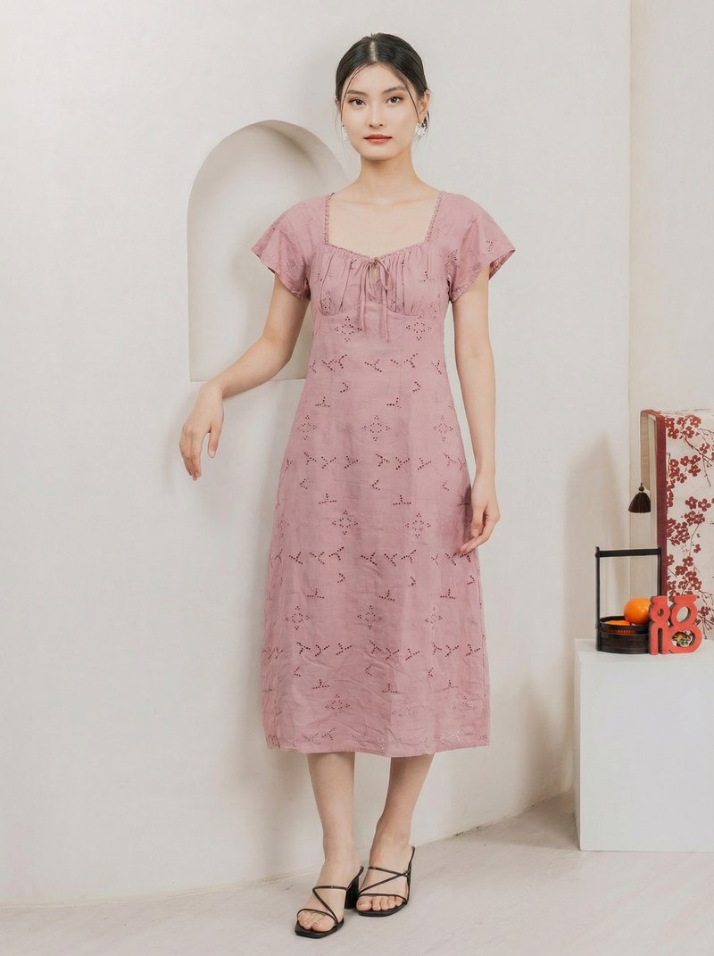 Amara Eyelet Ruched Midi Dress In Rose