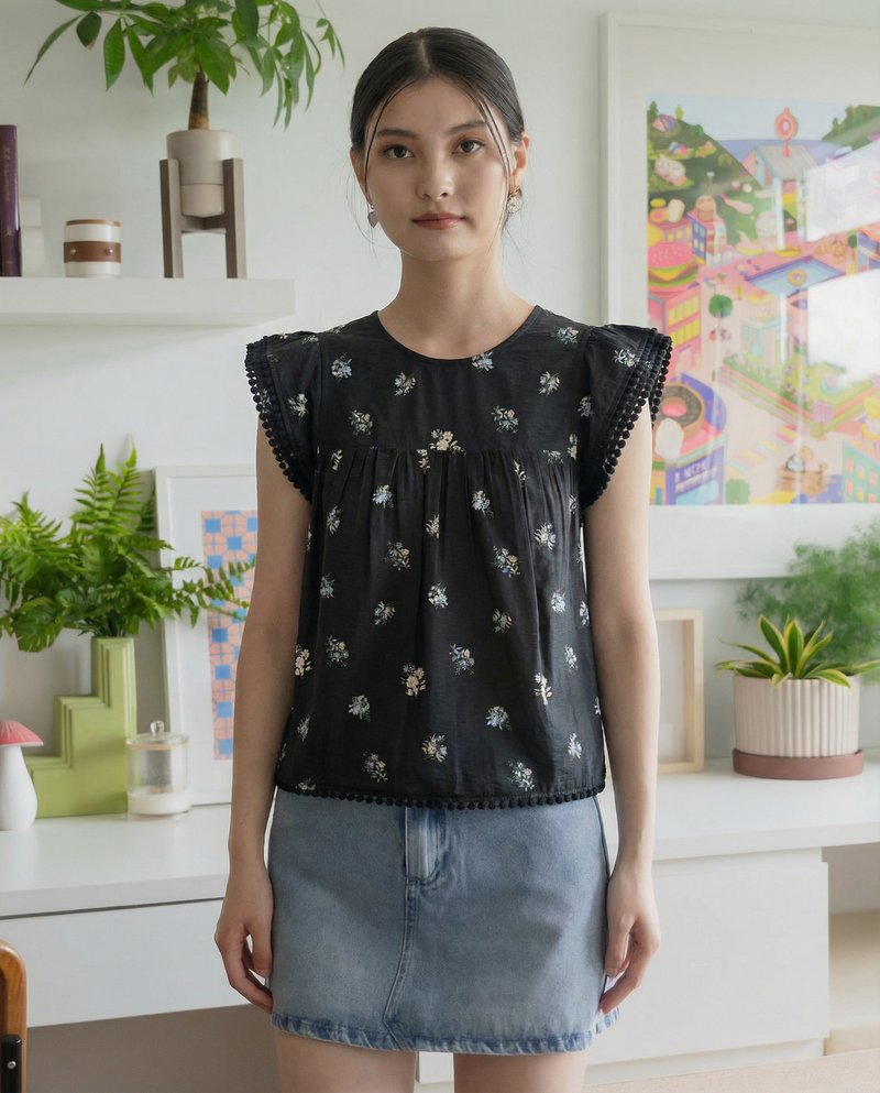Springfields Ruffles Sleeves Top In Black