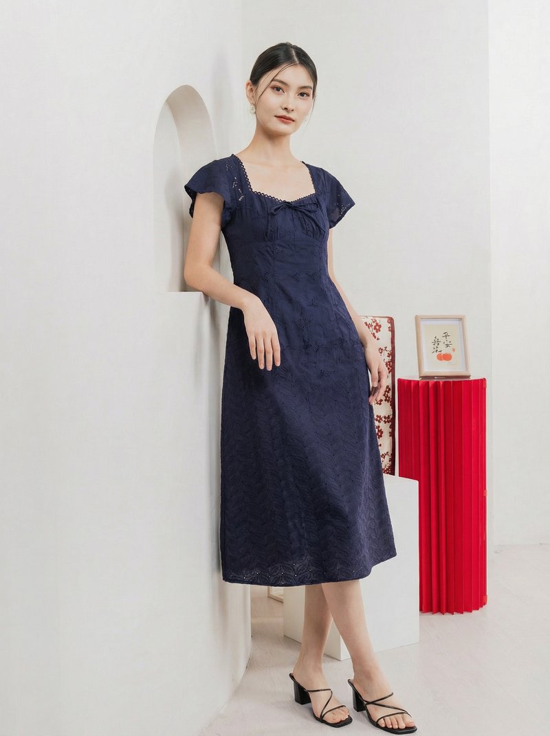 Amara Eyelet Ruched Midi Dress In Navy